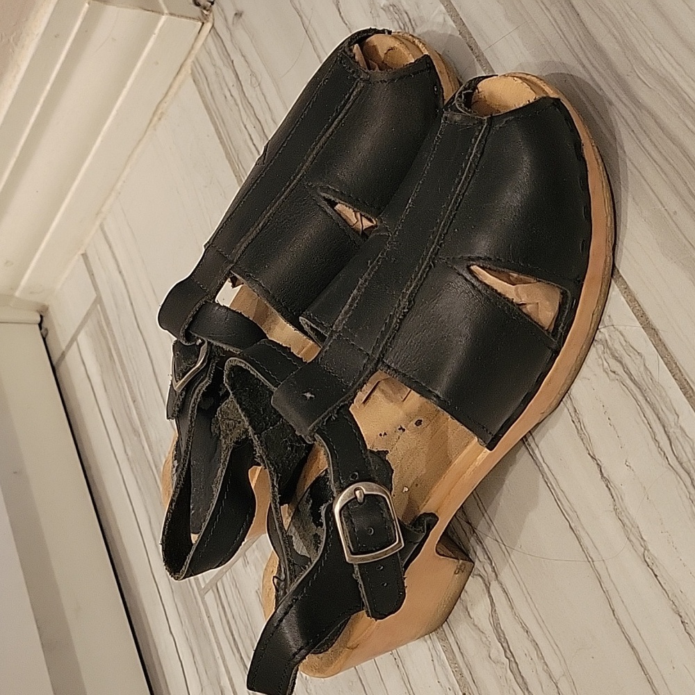 Swedish Leather Clog Sandals with Wooden Sole
